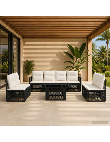 Set Divano da Giardino 9 pz Nero e Bianco Crema polyrattan