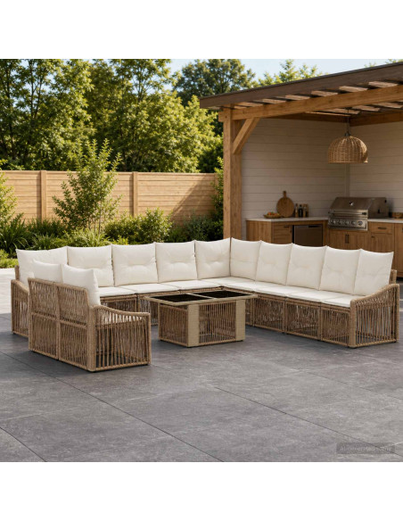 Set Divano da Giardino 12 pz Beige e Bianco Crema polyrattan