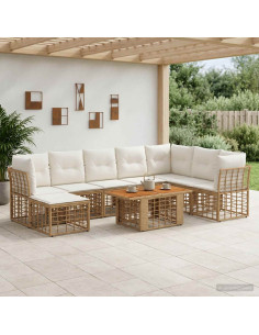 Set Divano da Giardino 9 pz Naturale e Bianco Crema polyrattan