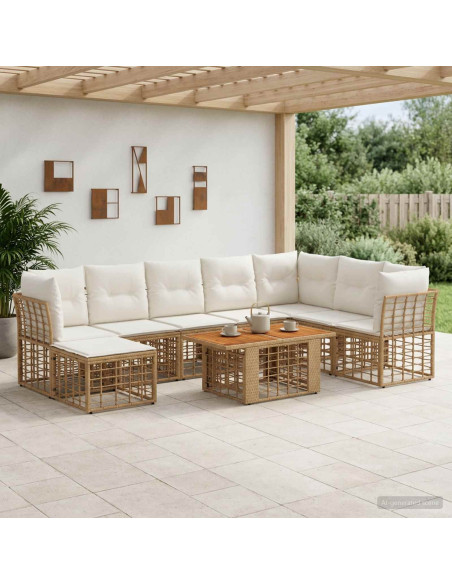 Set Divano da Giardino 9 pz Naturale e Bianco Crema polyrattan