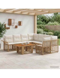 Set Divano da Giardino 9 pz Naturale e Bianco Crema polyrattan