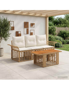 Set Divano da Giardino 4 pz Naturale e Bianco Crema polyrattan