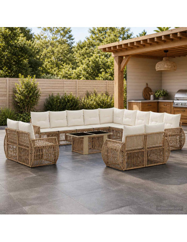 Set Divano da Giardino 14 pz Beige e Bianco Crema polyrattan