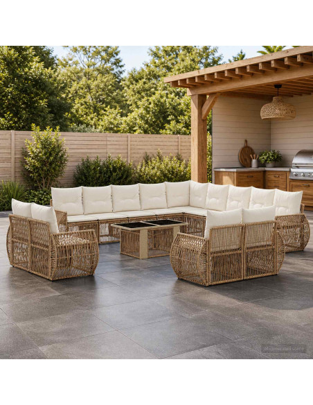 Set Divano da Giardino 14 pz Beige e Bianco Crema polyrattan