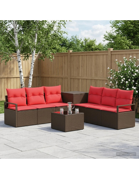 Set di divani 8 pz Marrone e Rosso Rattan sintetico e Acciaio