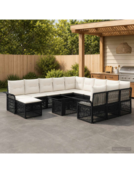 Set Divano da Giardino 13 pz Nero e Bianco Crema polyrattan