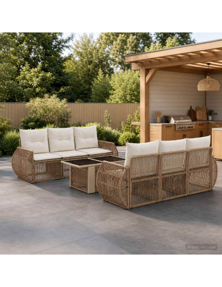 Set Divano da Giardino 7 pz Beige e Bianco Crema polyrattan