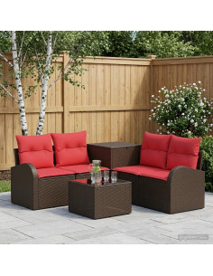 Set di divani 6 pz Marrone e Rosso Rattan sintetico e Acciaio