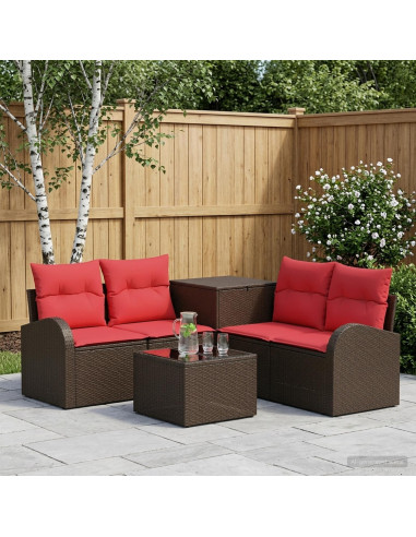 Set di divani 6 pz Marrone e Rosso Rattan sintetico e Acciaio