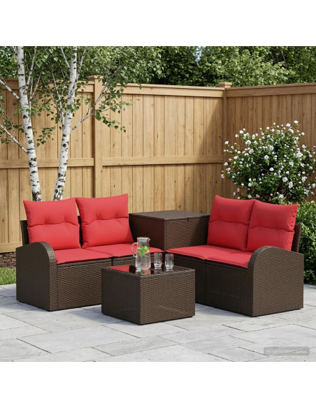 Set di divani 6 pz Marrone e Rosso Rattan sintetico e Acciaio