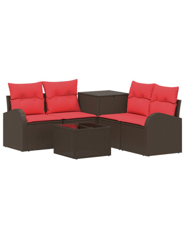 Set di divani 6 pz Marrone e Rosso Rattan sintetico e Acciaio