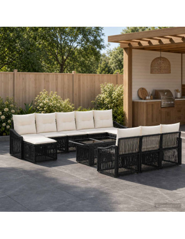 Set Divano da Giardino 11 pz Nero e Bianco Crema polyrattan