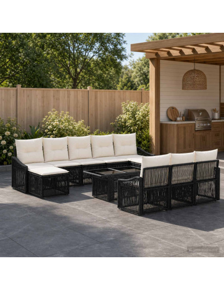 Set Divano da Giardino 11 pz Nero e Bianco Crema polyrattan