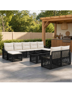 Set Divano da Giardino 10 pz Nero e Bianco Crema polyrattan