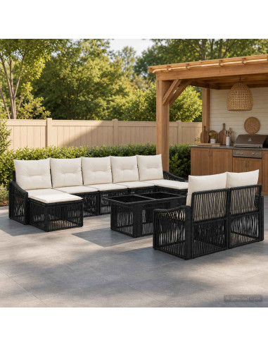 Set Divano da Giardino 10 pz Nero e Bianco Crema polyrattan
