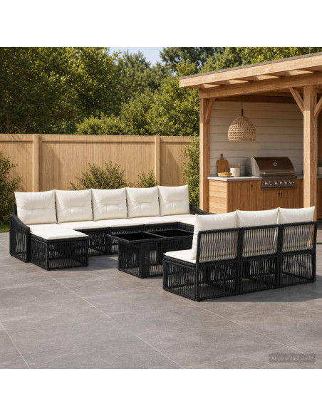 Set Divano da Giardino 11 pz Nero e Bianco Crema polyrattan