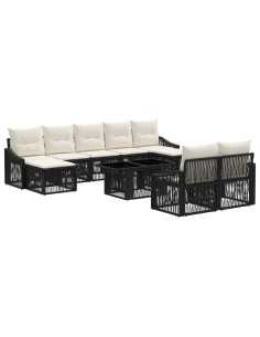 Set Divano da Giardino 10 pz Nero e Bianco Crema polyrattan 2