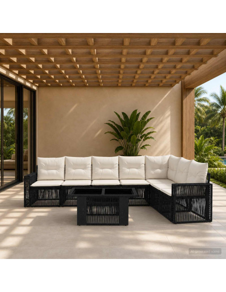 Set Divano da Giardino 8 pz Nero e Bianco Crema polyrattan