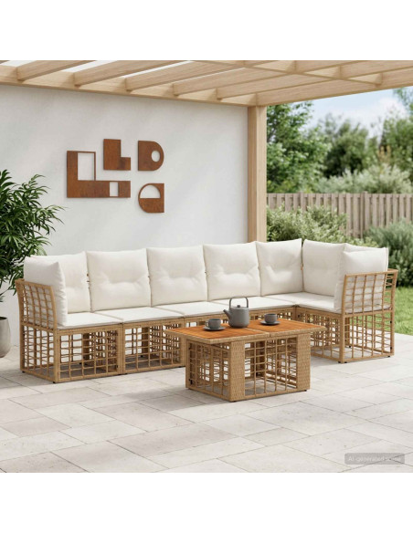 Set Divano da Giardino 7 pz Naturale e Bianco Crema polyrattan