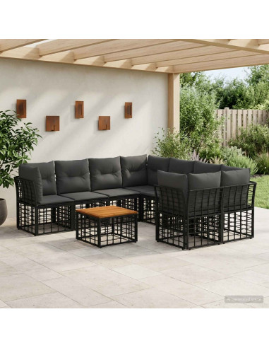Set di divani da esterno 9 pz Nero e Grigio scuro polyrattan