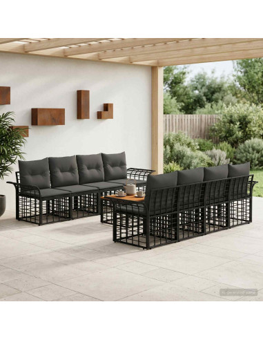 Set di divani da esterno 9 pz Nero e Grigio scuro polyrattan