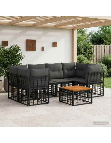 Set di divani da esterno 7 pz Nero e Grigio scuro polyrattan