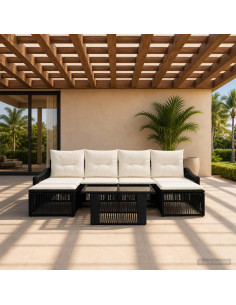 Set Divano da Giardino 6 pz Nero e Bianco Crema polyrattan