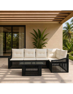Set Divano da Giardino 6 pz Nero e Bianco Crema polyrattan