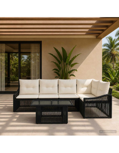 Set Divano da Giardino 6 pz Nero e Bianco Crema polyrattan