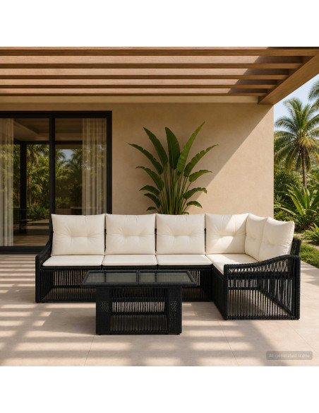 Set Divano da Giardino 6 pz Nero e Bianco Crema polyrattan