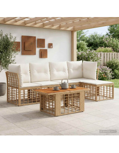 Set Divano da Giardino 6 pz Naturale e Bianco Crema polyrattan