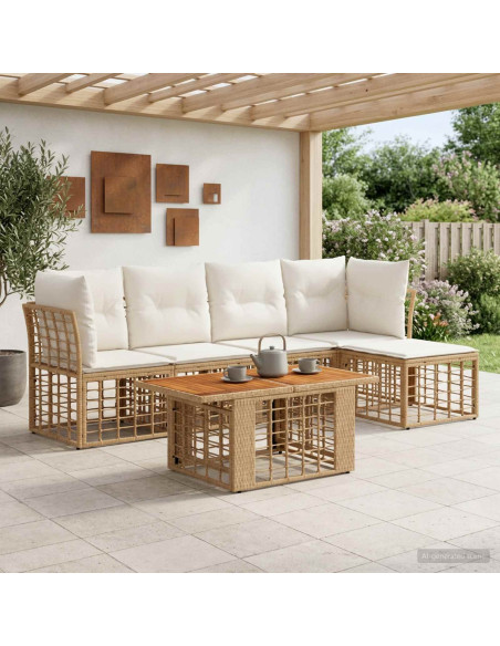 Set Divano da Giardino 6 pz Naturale e Bianco Crema polyrattan