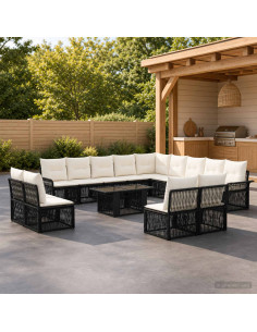 Set Divano da Giardino 14 pz Nero e Bianco Crema polyrattan