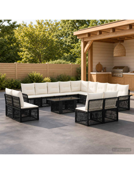 Set Divano da Giardino 14 pz Nero e Bianco Crema polyrattan