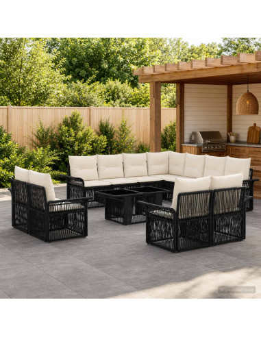 Set Divano da Giardino 12 pz Nero e Bianco Crema polyrattan