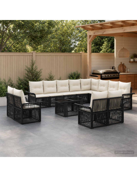 Set Divano da Giardino 13 pz Nero e Bianco Crema polyrattan