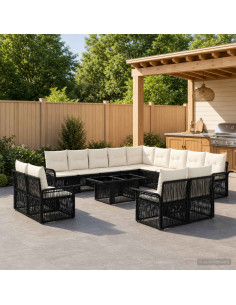 Set Divano da Giardino 14 pz Nero e Bianco Crema polyrattan