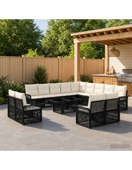Set Divano da Giardino 14 pz Nero e Bianco Crema polyrattan