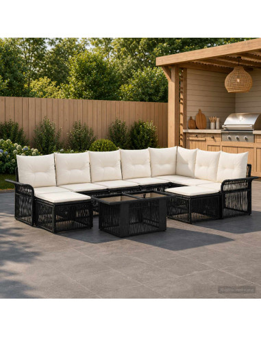 Set Divano da Giardino 10 pz Nero e Bianco Crema polyrattan