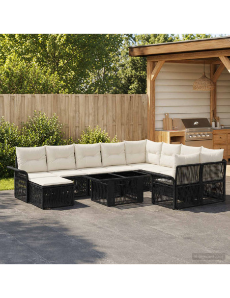 Set Divano da Giardino 11 pz Nero e Bianco Crema polyrattan