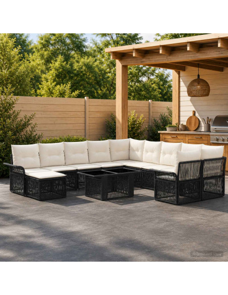Set Divano da Giardino 12 pz Nero e Bianco Crema polyrattan