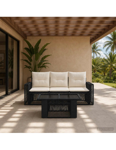 Set Divano da Giardino 4 pz Nero e Bianco Crema polyrattan