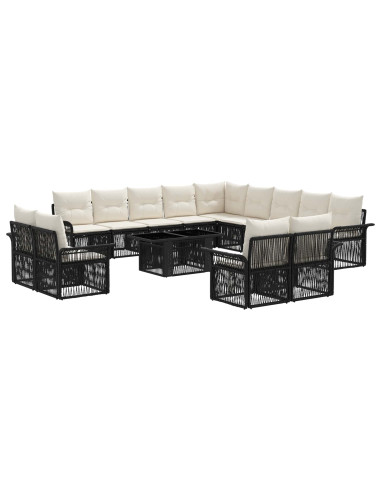 Set Divano da Giardino 14 pz Nero e Bianco Crema polyrattan