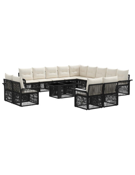 Set Divano da Giardino 14 pz Nero e Bianco Crema polyrattan