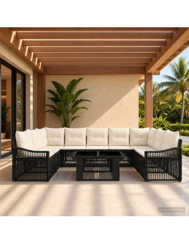 Set Divano da Giardino 10 pz Nero e Bianco Crema polyrattan