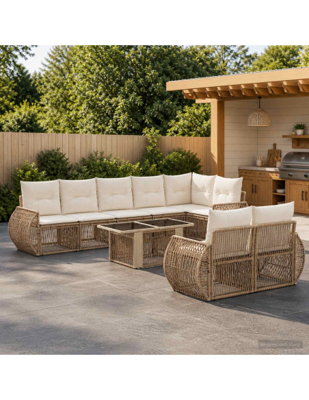 Set Divano da Giardino 9 pz Beige e Bianco Crema polyrattan