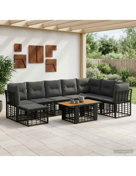 Set Divano da Giardino 9 pz Nero e Grigio scuro polyrattan