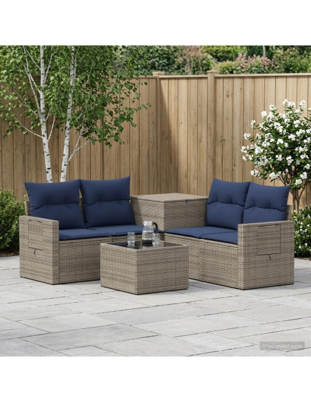 Set di divani 6 pz Grigio e Blu Navy Rattan sintetico e Acciaio