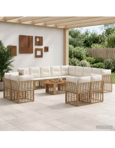 Set Divano da Giardino 14 pz Naturale e Bianco Crema polyrattan