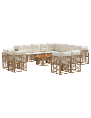 Set Divano da Giardino 14 pz Naturale e Bianco Crema polyrattan